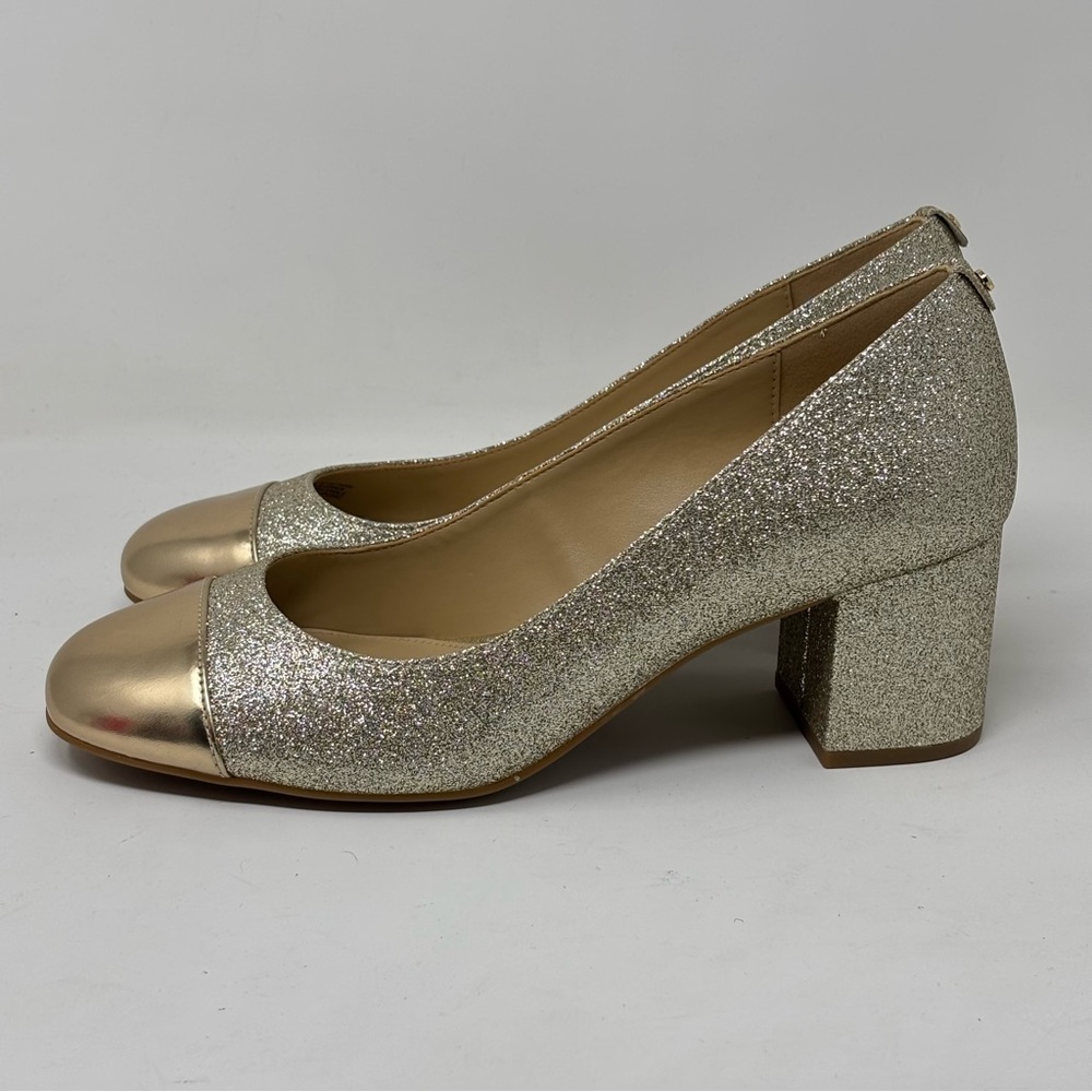 Michael Kors Perla Flex Gold Glitter Chunky Heel Pumps NWOT - Picture 2 of 10